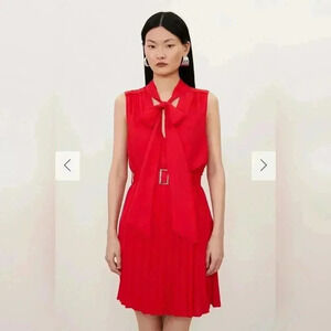 Karen Millen Pleated Georgette Tie neck Mini Dress sz 4 NWT